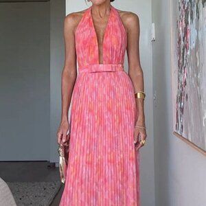 Halter Neck Pleated Maxi Dress | New Formal Sleeveless Pink Dress